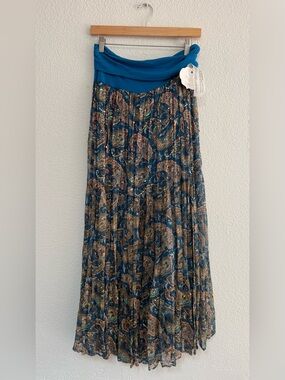 Teal Paisley Maxi Skirt with Fold-Over Waistband
